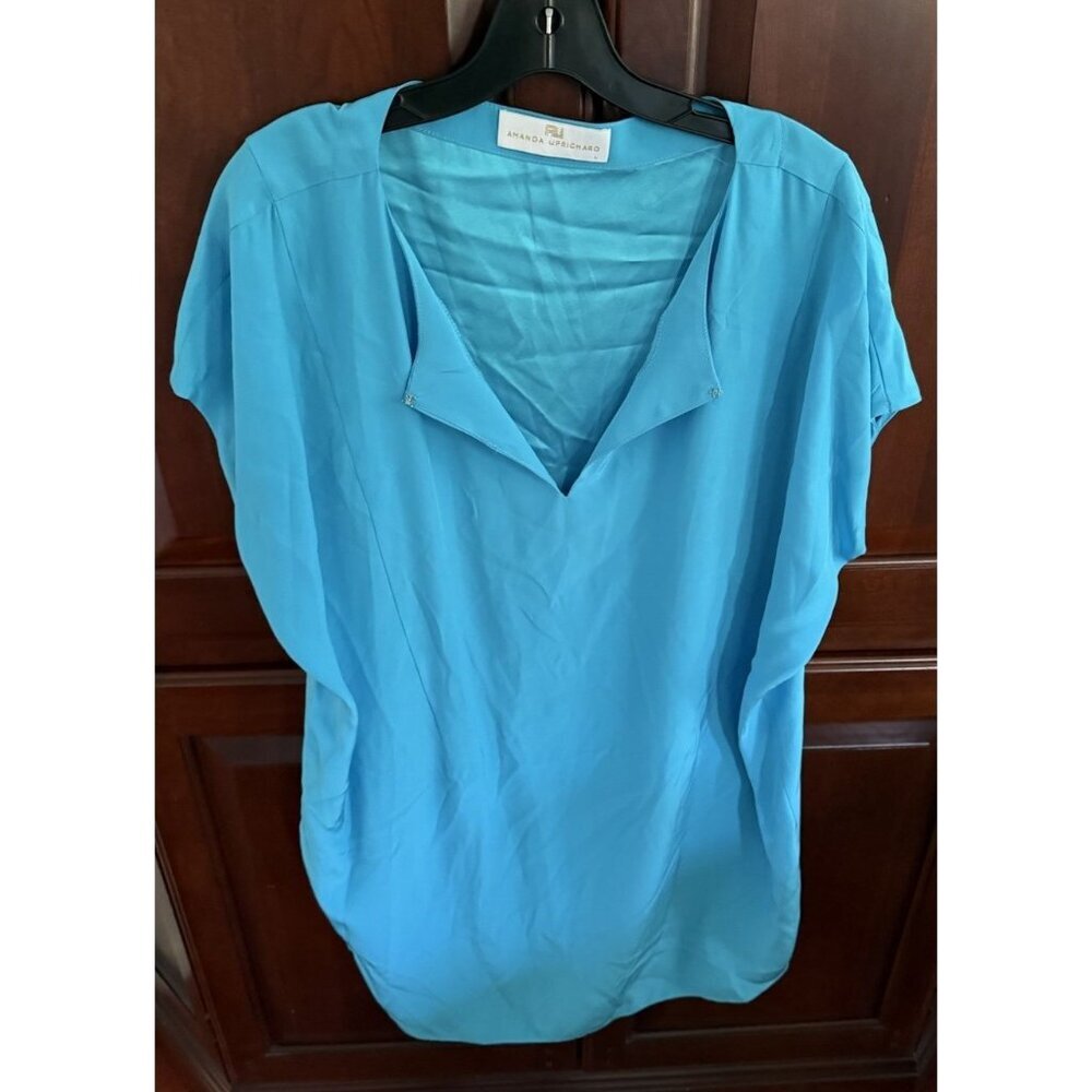 amanda uprichard dress blue teal 100% silk shirt dress shift sz large